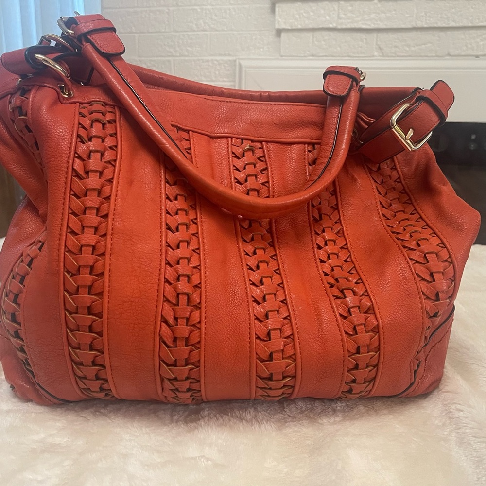 Big Buddha Vegan Leather Woven Detail Orange Tote